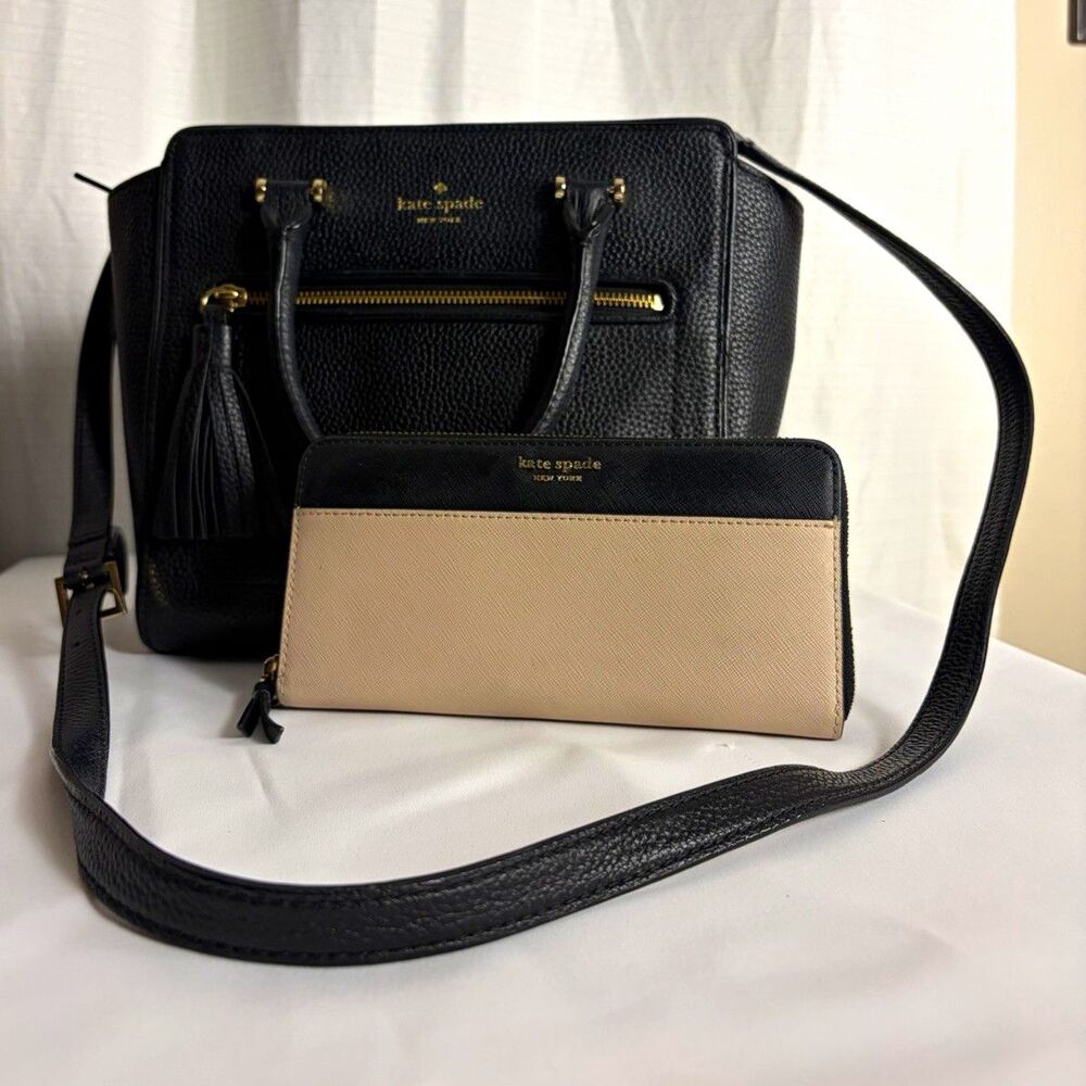 Kate Spade New York Black Pebbled Satchel w/ Detachable Strap & Wallet